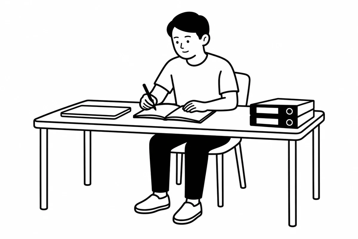 Black-and-white illustration of a person writing in a notebook at a desk