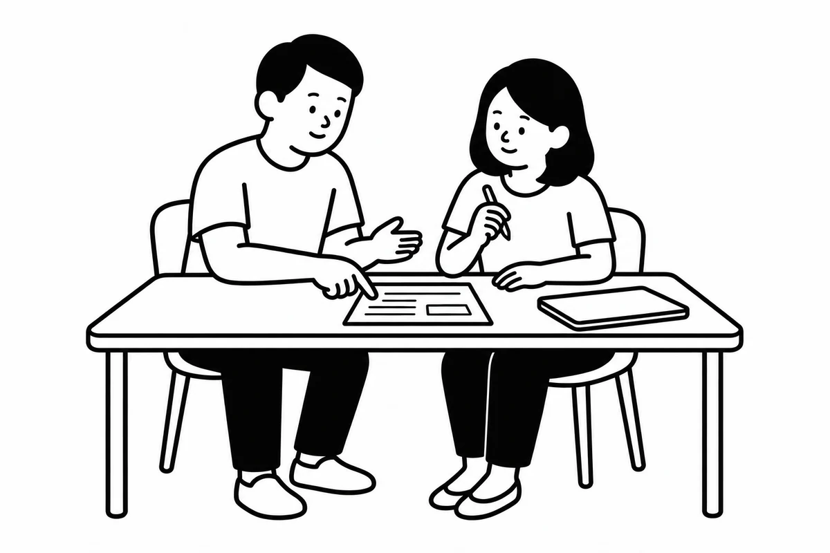 Two colleagues discussing a written handoff