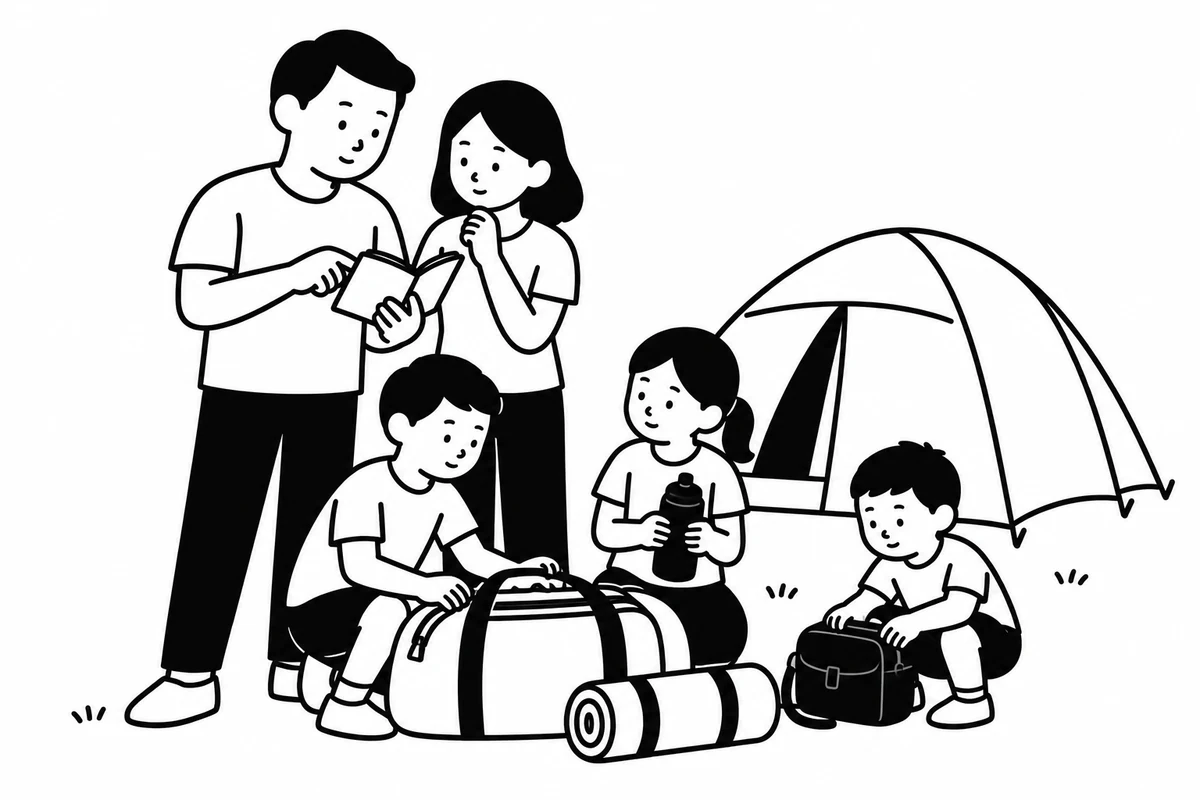 Two adults and three children preparing camping equipment