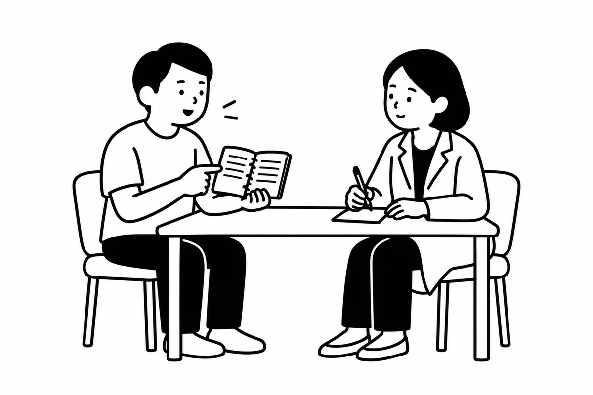 A person using a notebook to prepare a conversation with a clinician