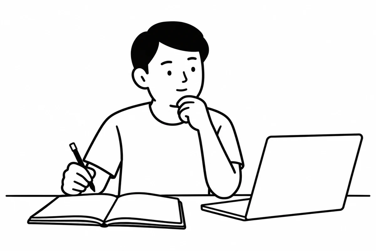 A person comparing a notebook with a laptop